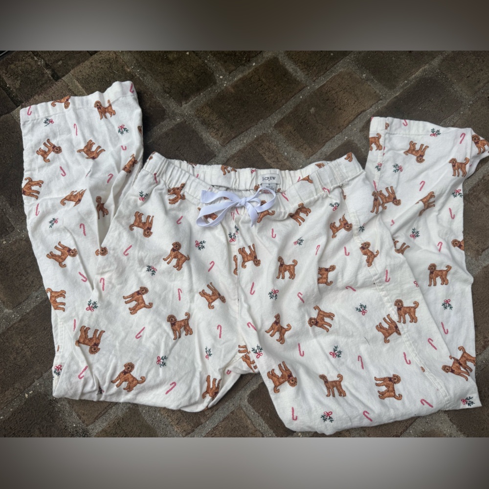 J. Crew Pajama Bottoms with Brown Dog and Pink Candy Cane Print